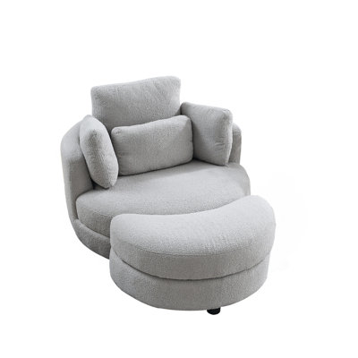 Fauteuil pivotant surdimensionné de 39 po de largeur avec repose-pieds de rangement Moon pour salon, causeuse ronde ronde, accoudoirs et demi-tonneau pour fauteuil de chambre, 4 coussins, tissu en peluche