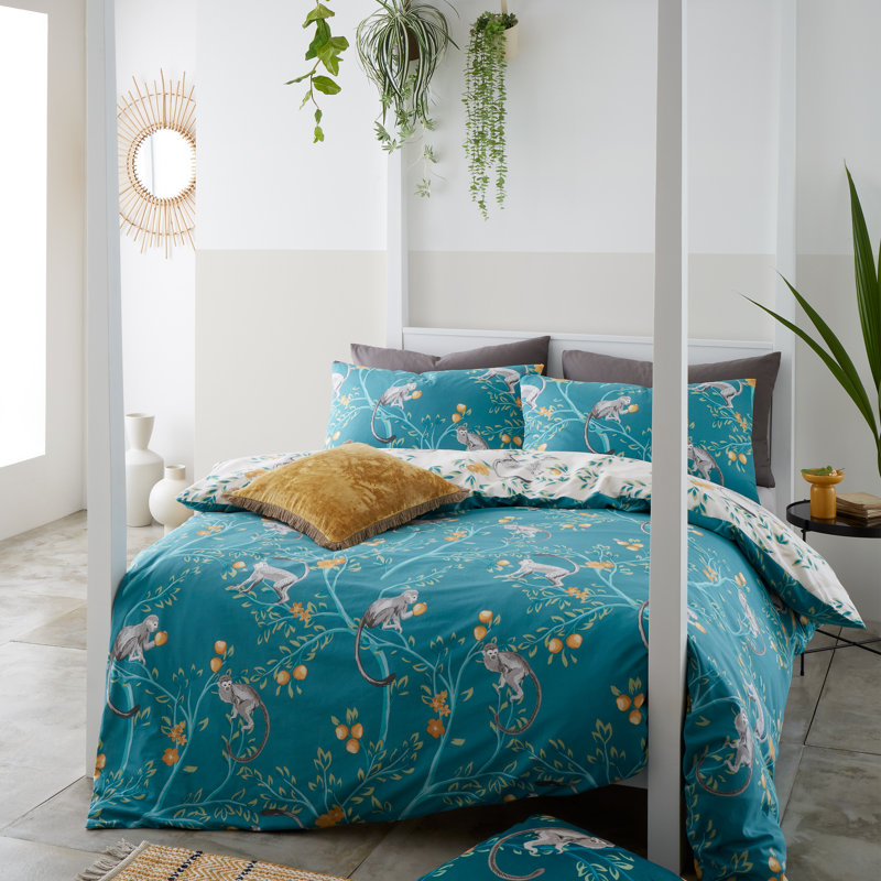 Tropical Monkey Teal Blue/Green Reversible Duvet Cover Set, Single - 1 Standard Pillowcase