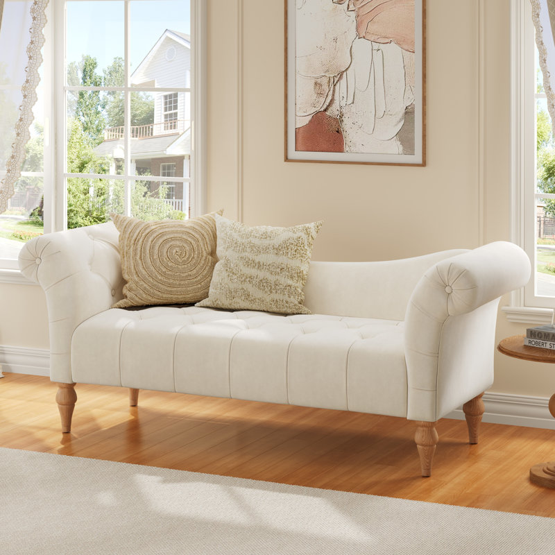 60.75'' Wide Vintage-Inspired Upholstered Bench With Rolled Arms And Tufting, Beige