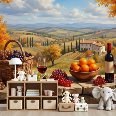 Peel and Stick Wallpaper Autumn Vineyard Landscape Wine Bottle Grapes Rustic Countryside Wall Murals 69"H x 96"W Removable PVC Wall Paper Self-Adhesive Wall Decor for Bedroom Living Room Home Office