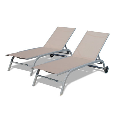 Set of 2 Adjustable Outdoor Chaise Lounges - Weather-Resistant Aluminum Pool Chairs with Wheels & Breathable Textilene Fabric for Patio, Deck, and Garden (Khaki)