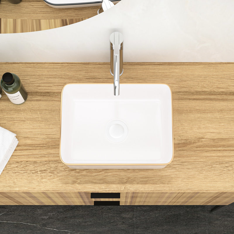 Lavabo vasque rectangulaire moderne en céramique 16 x 12 pouces blanc - teinté, 16", Blanc / Doré