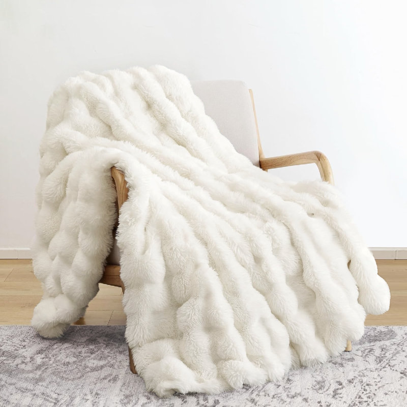 Haalan Cozy Faux Rabbit Fur Soft Reversible Throw Blanket, Twin, Off White