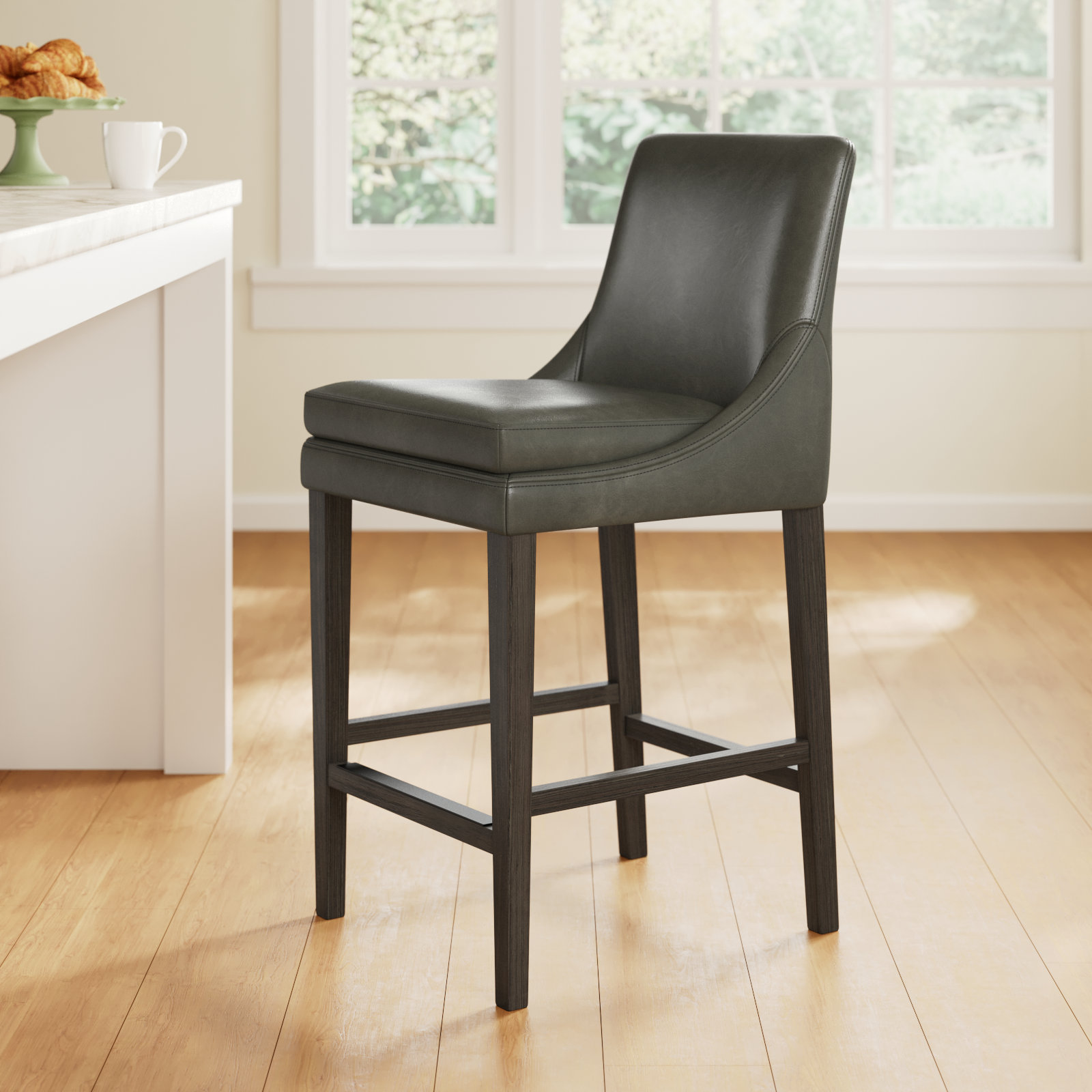 Niara Leather Stool, Copley Slate Faux Leather/Brown, Counter Stool (26” Seat Height)