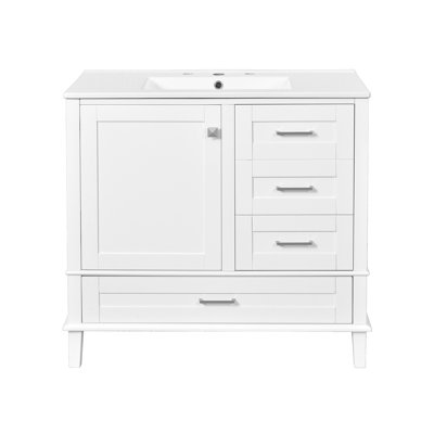 Meuble-lavabo moderne 36 po avec cadre en pin massif, 1 porte à fermeture douce et 3 tiroirs, armoire de rangement moderne
