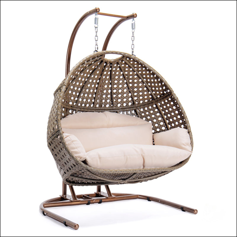 Balancelle suspendue en osier gris anthracite avec support et coussin bleu poussière, Oui, Beige / brun