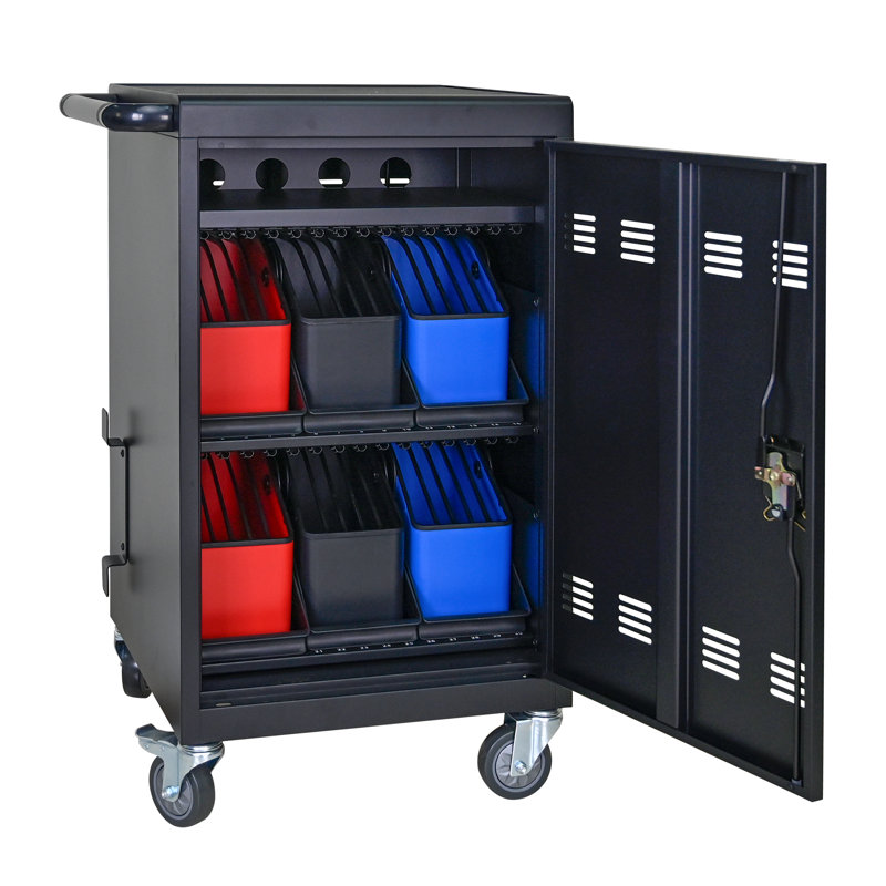 Tablette pour ordinateur portable 32 po - Panier en plastique pour chariot de charge mobile - Comprend des diviseurs de gestion des câbles, des pinces pour câbles, un compartiment de rangement et des portes amovibles (noir)