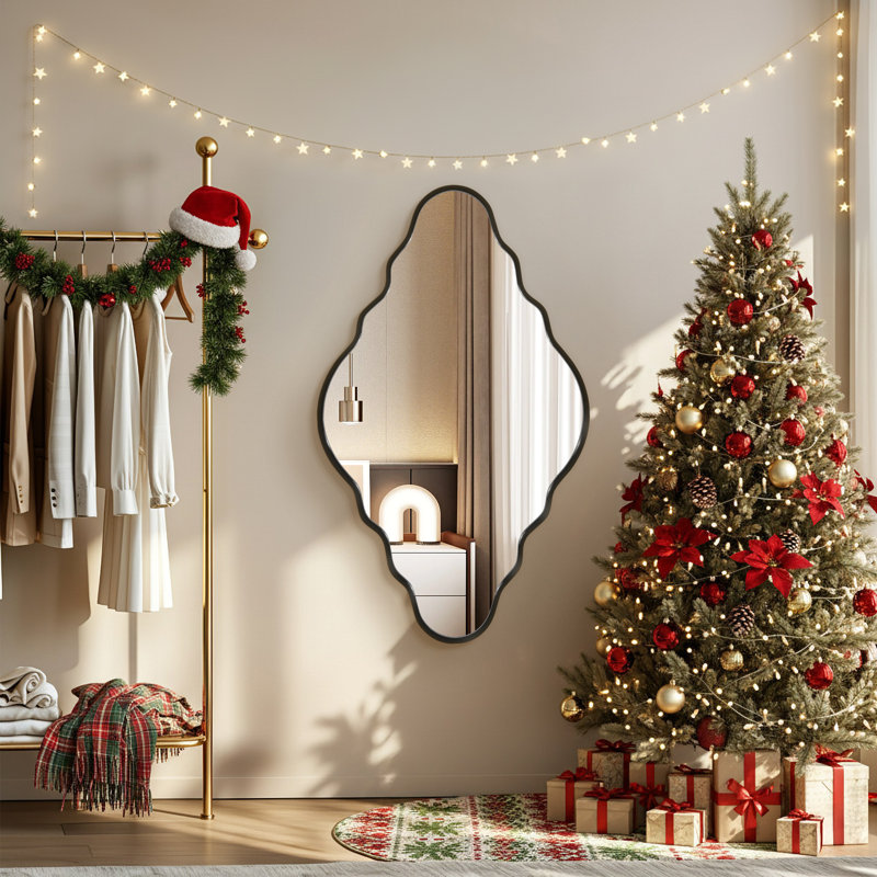 Miroir d'appoint mural irrégulier en métal asymétrique pour salle de bain, Noir, 35,4 po x 19,7 po