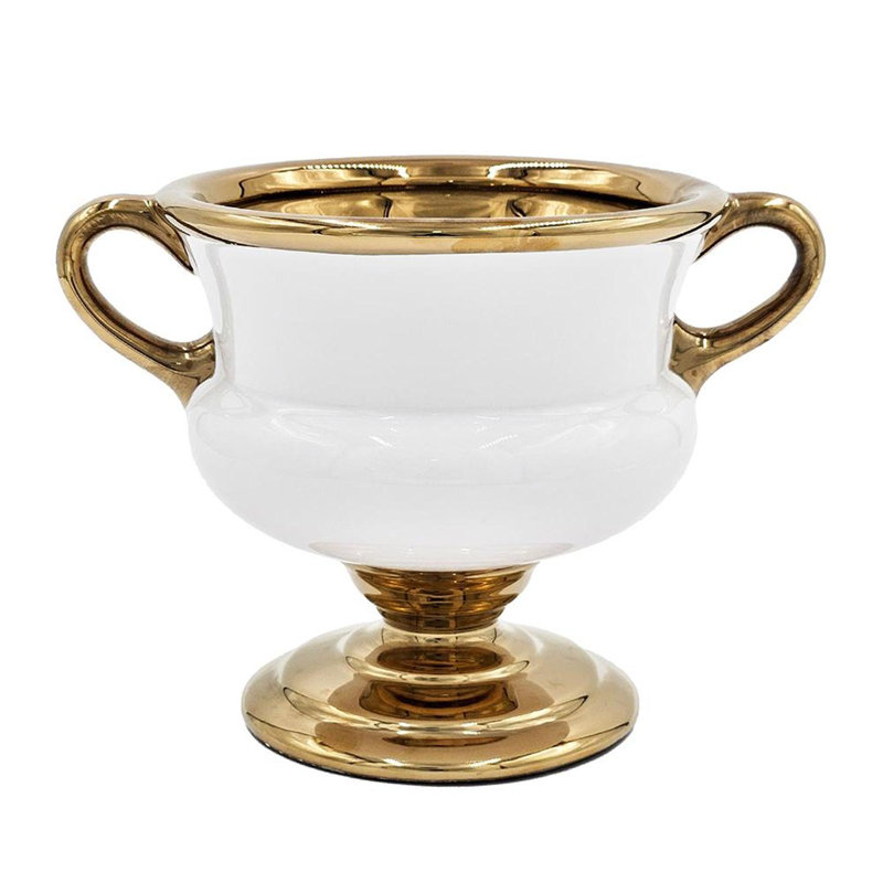 7" White And Gold Ceramic Amphora Urn