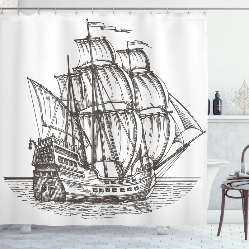 Ensemble de rideau de douche avec bateau pirate et crochets, H 75 po x l 69 po
