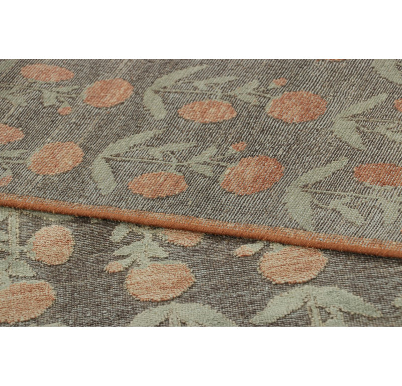 Rug & Kilim’S Block Print Rug Design. Brown And Green And Orange Floral Patterns, Rectangle 10' x 14'