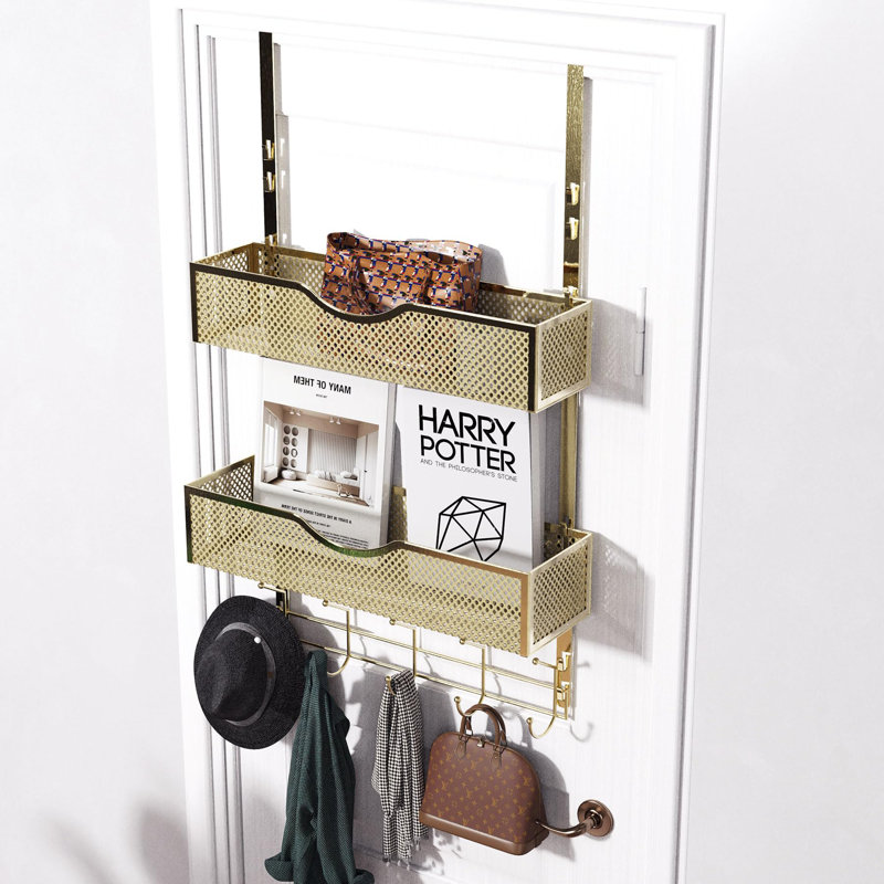 Over The Door Hooks Organizer,Coat Rack With 10 Hooks And 2 Mesh Baskets,Back Of Door Storage Organizer For Bathroom,Bedroom,Kitchen,Office(Golden)