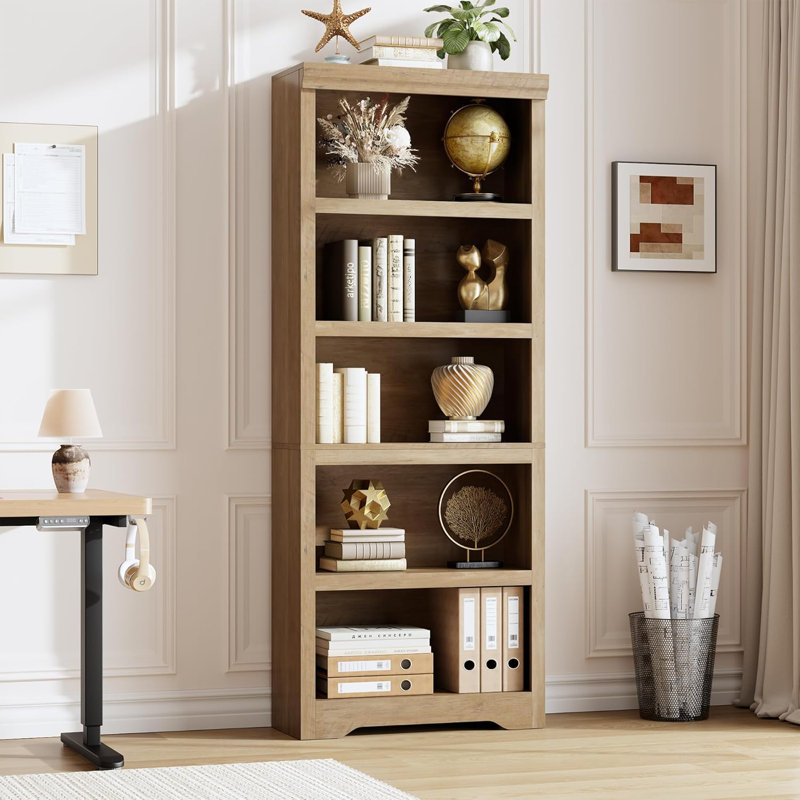69"5-Tier Farmhouse Bookcase with Adjustable Shelves, Open Display Storage Bookshelf for Home Office, Living Room, Study or Balcony