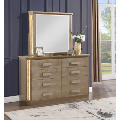 Commode à six tiroirs Medusa avec lumière DEL, finition luxueuse en peau de serpent dorée et cuivrée pour un rangement élégant