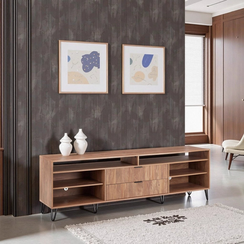  Meuble télé 85 pouces Mid-Century, Brun