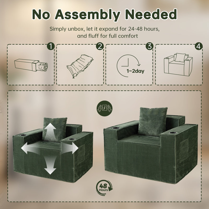 41.5" Boneless Cloud Sofa Chair, Corduroy Upholstered, 2 Cup Holders & Storage Pockets, No Assembly, for Living Room/Bedroom