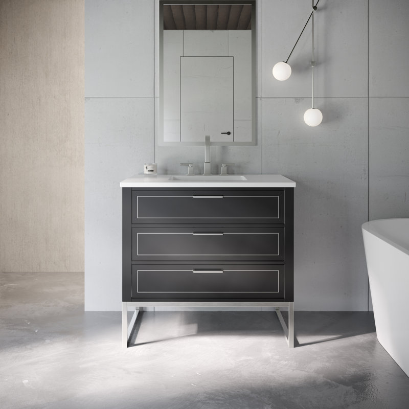 Ensemble de meuble-lavabo simple 36 po Markham, Nuit noire, Quartz blanc, Nickel brossé