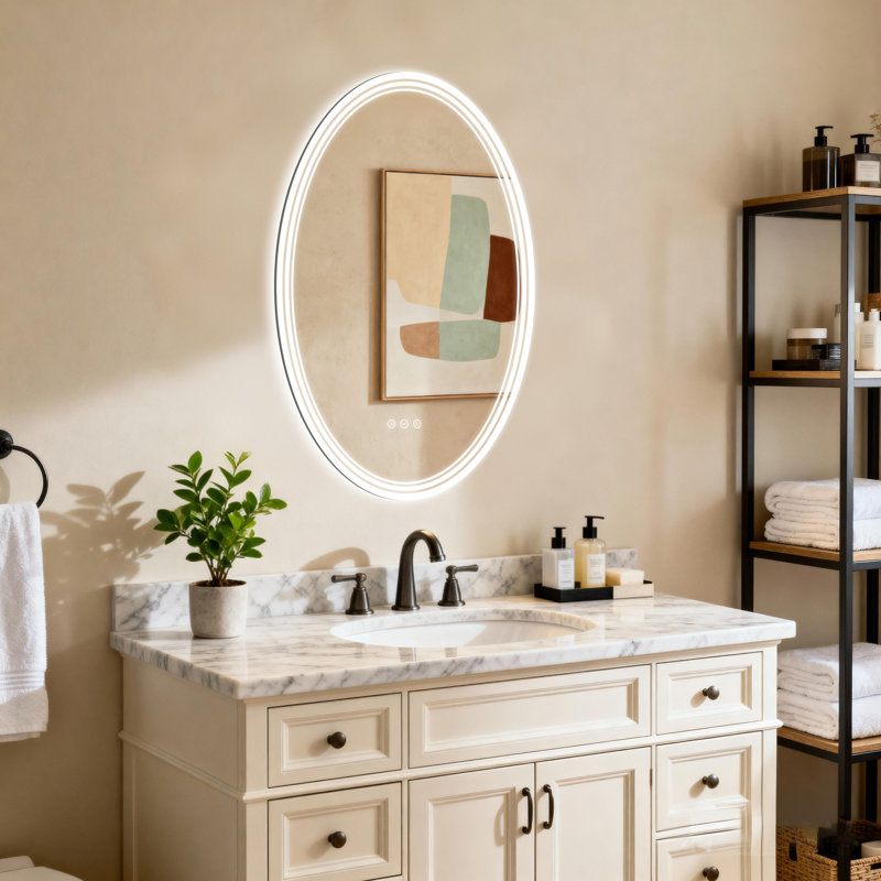 LED Oval Bathroom Mirror With Lights Vanity Mirror, With Dimmable Anti Fog Function, 28" x 20", Oval