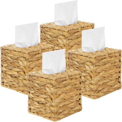4 Pack Water Hyacinth Tissue Box Cover ，Handwoven Rattan Square Holder,  Boho Decorative Organizer for Facial Tissues in Bathroom, Living Room, Bedroom。 Office