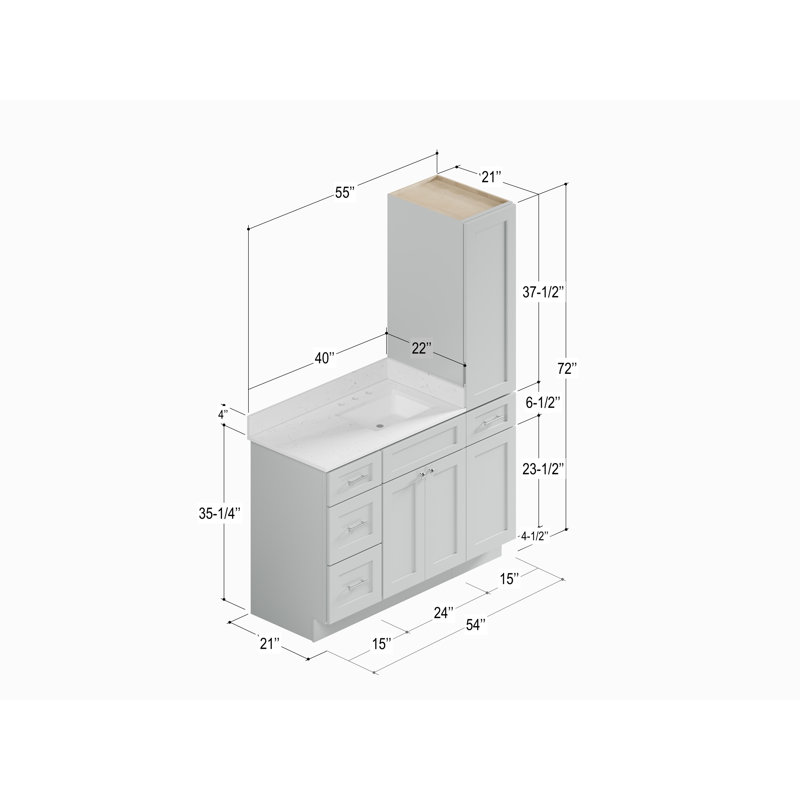 Disar 54'' Single Bathroom Vanity With Right Linen Tall Cabinet Dovetail Solid Wood Drawer Carrara Quartz Top, Gray