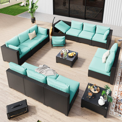  𝗣𝗿𝗲-𝗔𝘀𝘀𝗲𝗺𝗯𝗹𝗲𝗱 𝗖𝗵𝗮𝗶𝗿𝘀, 12-Person Patio Furniture Set Rattan Outdoor Sectional Conversation Sofa Seating Group With Propane Fire Pit Table