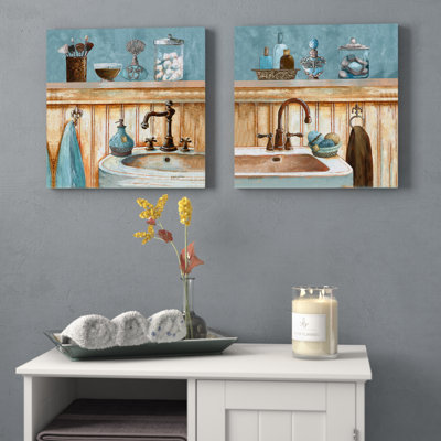 Powder Blue Bathroom Still Life Scenes by Gregory Gorham - 2 Piece Unframed Painting on Canvas