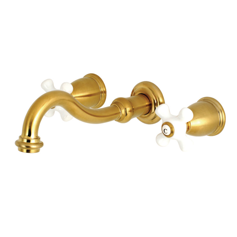 Kingston Brass Vintage Two-Handle 3-Hole Wall Mount Bathroom Faucet, Satin Brass/White