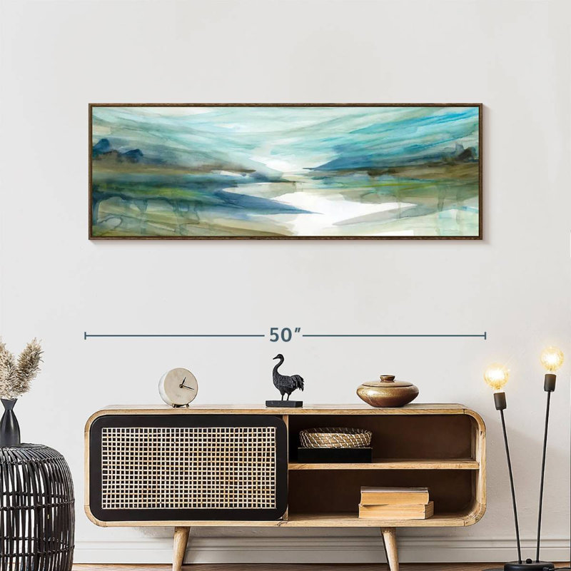 Spring Reflection II, 49 po x 17 po, Cadre flottant noyer