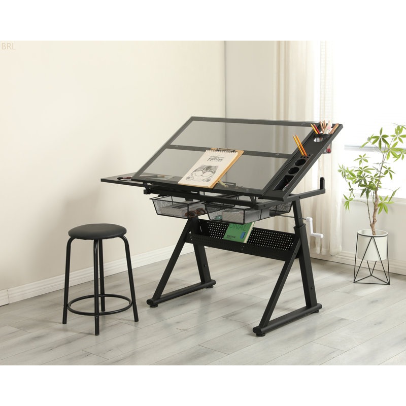 Hand Crank Adjustable Tempered Glass Drafting Drawing And Printing Table With Chair And Storage Space For Living Room, Study, Bedroom