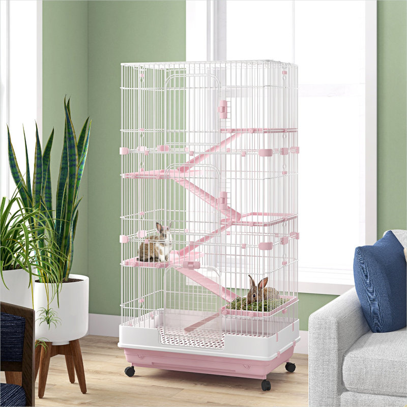 Cage mobile à six niveaux pour petits animaux avec système de rampe, rose chaud, L 32 po x l 20,75 po x H 59,75 po