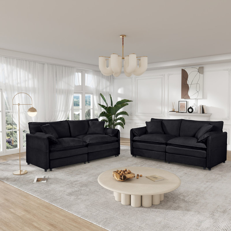 Ensemble de canapés modernes en chenille spacieux, causeuse noire avec coussins pour le salon