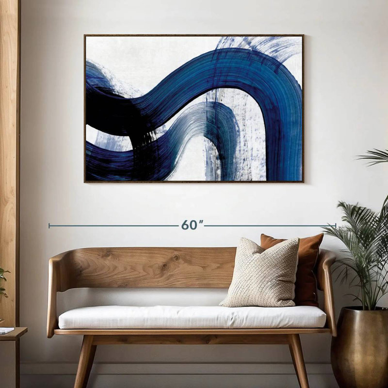 Blue Clota Curves, 46 po x 31 po, Cadre flottant en noyer