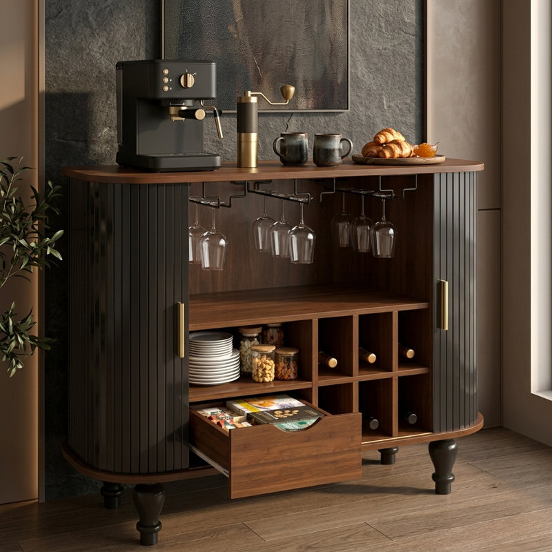 39" Modern Fluted Bar Cabinet with Storage Drawer & Hidden Side Compartments, Black
