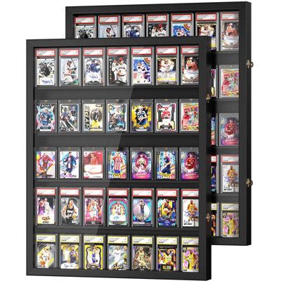 Lockable 35-Graded Sports Card Display Cabinet with UV-Protection Clear Acrylic, Wall Frame for Baseball Football Basketball Hockey Cards, Black