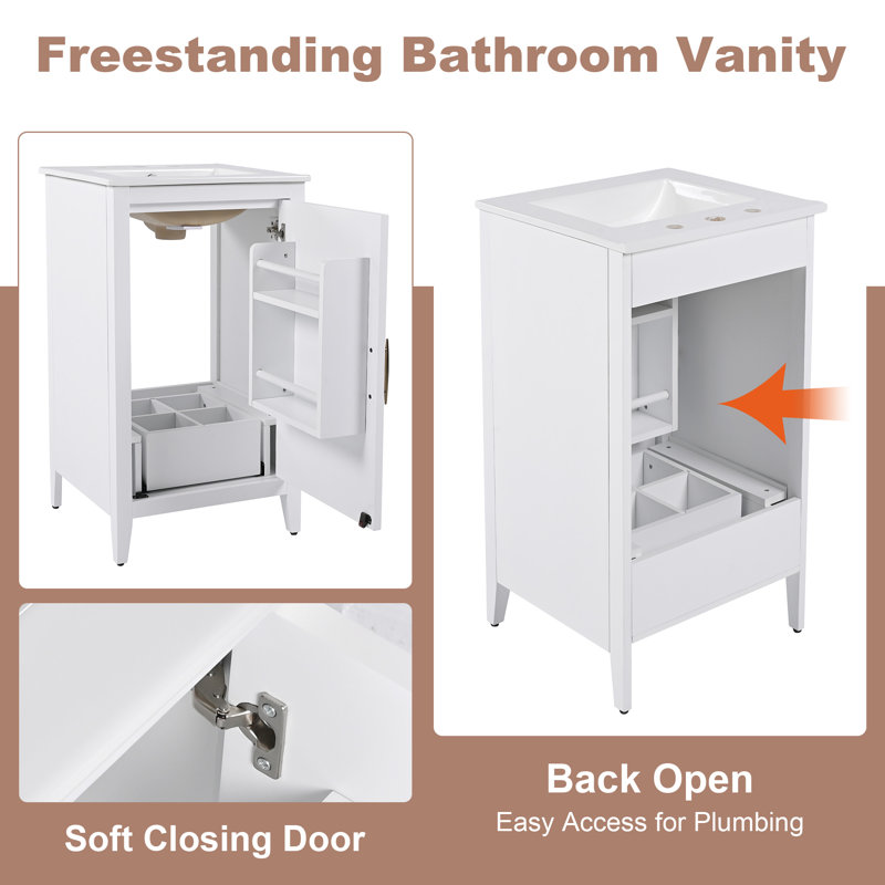 Meuble-lavabo blanc 20,3 po avec lavabo en céramique, porte à fermeture douce et rangement pour tiroir