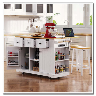 53-inch Kitchen Island Set with 2 Bar Stools, Drop Leaf & Power Outlet (Three Packages)