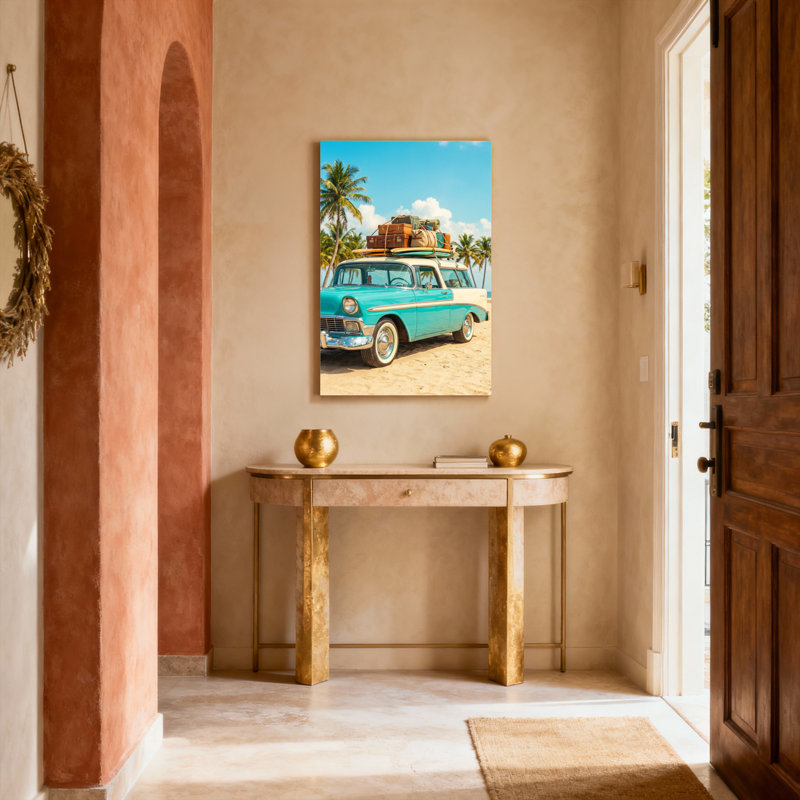 Ensemble de 1 tableau sur toile représentant une voiture vintage sur une plage avec des palmiers., H 48 po x l 32 po