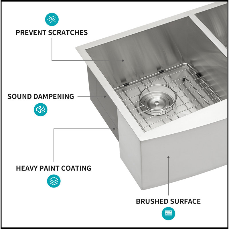 Évier de cuisine à tablier frontal en acier inoxydable de calibre 18 avec deux cuves de 9 po Farmhouse Sink - 33 po x 20 po x 9 po