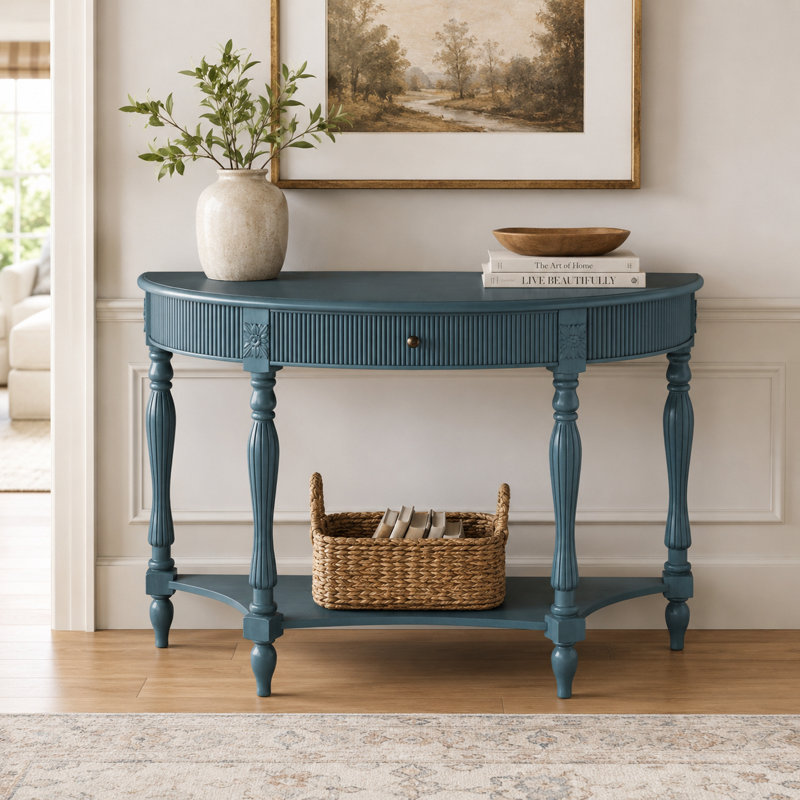 Console en bois massif avec tiroir cannelé Stockseth, Bleu antique