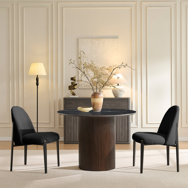 Ensemble de salle à manger 3 pièces rond en faux marbre avec base fluo, Noir, Noir, 3 pièces: table, 2 chaises