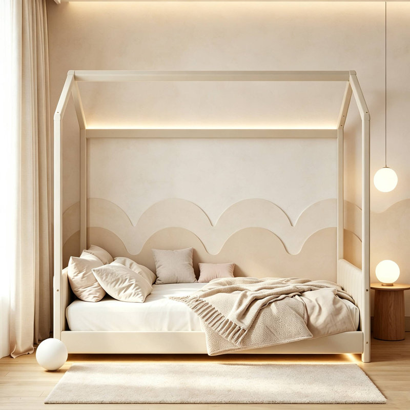 Lit à baldaquin Montessori en velours, taille standard, avec plateforme basse et sommier à lattes en bois, Beige