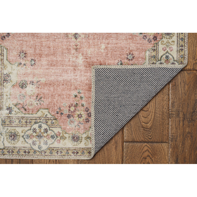 Delacroy Machine Washable Pink and Ivory Area Rug, Rectangle 3' x 5'