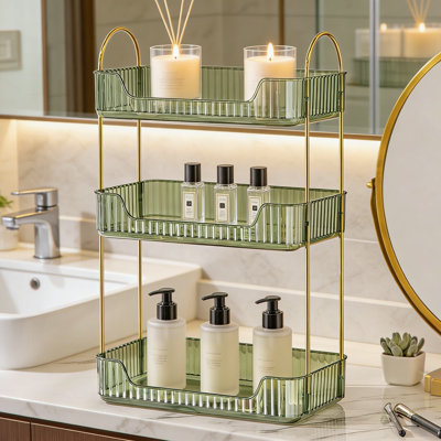 3 Tier Bathroom Counter Organizer, Acrylic Makeup Storage Shelf With Gold Brackets, Vanity Tray For Skincare, Perfumes, And Cosmetics, Space-Saving Design