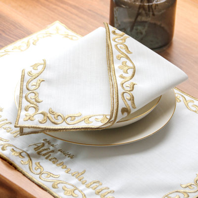 Embroidered White Linen Placemats with Gold Scrollwork – 24pc Elegant Table Mats Set for 6 Person | Islamic Decorative Dining Linens