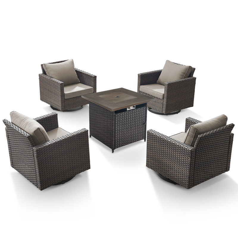 Ensemble de conversation d'extérieur pour 4 personnes avec chaises berçantes pivotantes, coussins et table foyer, Gris