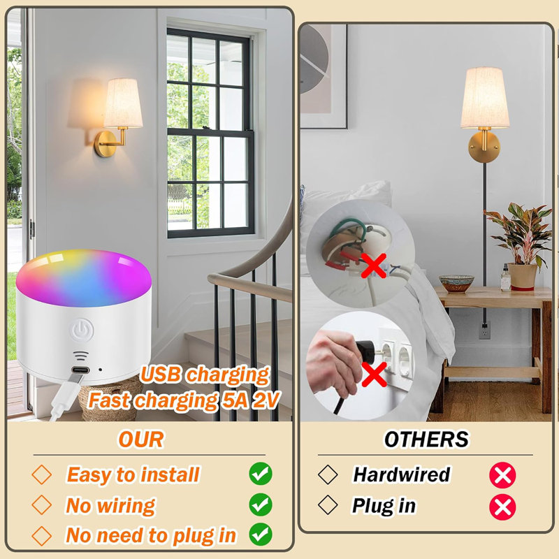 Wall Sconce Battery Operated Wall Light Fixure With Remote Control, Dimmable Battery Operated Wall Sconces Set Of Two, Indoor Wireless Wall Mounted Lamp With Rechargable Bulb For Bedroom Living Room
