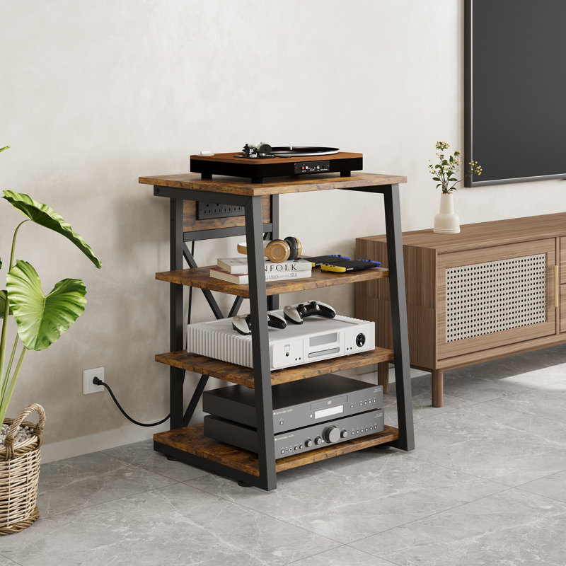 Meuble audio-vidéo 4 niveaux, support audio-vidéo en bois avec tablettes réglables et prises de courant, armoire stéréo