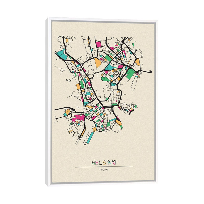 Helsinki, Finland Map by Ayse Deniz Akerman - Floater Frame Print on Canvas