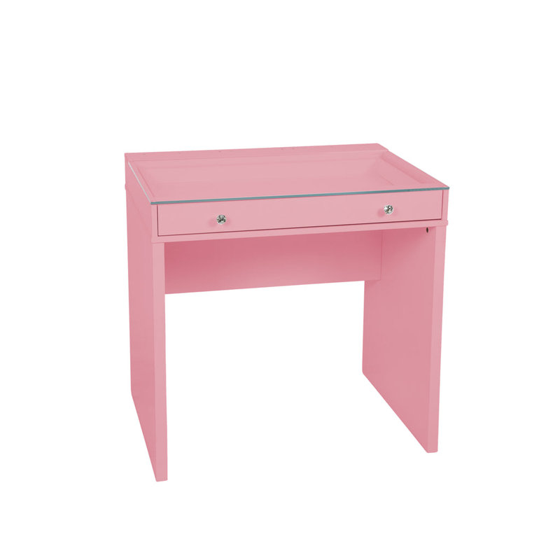 Mini coiffeuse Slay Station avec plateau en verre transparent, bureau de maquillage avec tiroir à fermeture en douceur et boutons de style diamant