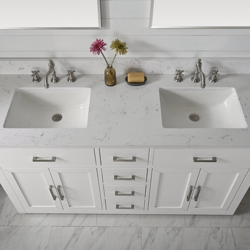 Meuble-lavabo double autoportant 60 po avec plateau en pierre artificielle Arrthor, Blanc, Soft Carrara White, 60"